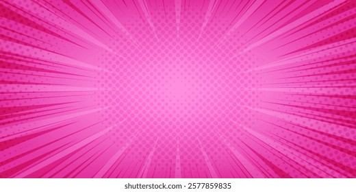 Abstract pink comic vector background with radial rays and textured dotted pattern. Pop Art Halftone texture backdrop. Great for banners, cover, marketing visuals, social media, poster