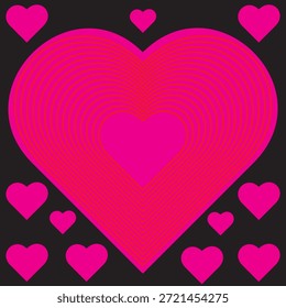 Patrón de corazones concéntricos Abstractas de color rosa sobre fondo negro para el día de San Valentín y temas románticos de amor