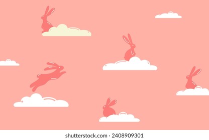 Abstract pink cute background with clouds and Easter bunnies, for Valentine's day or for children's decorations