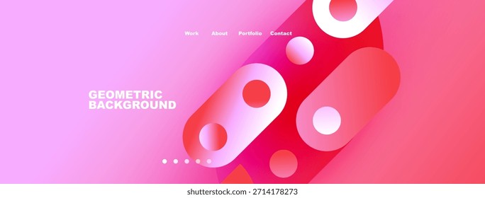 Abstract pink design features overlapping circles, gradients. Navigation includes work, about, portfolio, contact sections. Modern aesthetic.