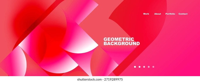 Abstractas diseño rosa. Las Formas superpuestas crean un efecto visual dinámico. Los Elementos de texto presentan trabajo, información, Cartera, contacto. Los puntos simples indican navegación.