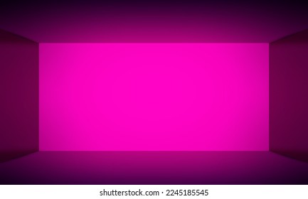 Abstract pink empty room with bright front screen and space for text, floor, free space place, colored open space room without textures, bright background with walls, colorful vector 3d illustration