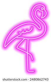 Abstract pink flamingo bird, neon glowing illustration. Minimalistic pink neon glowing line design.