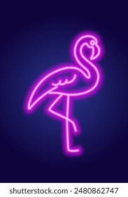 Abstract pink flamingo bird, neon glowing illustration. Minimalistic pink neon glowing line design.