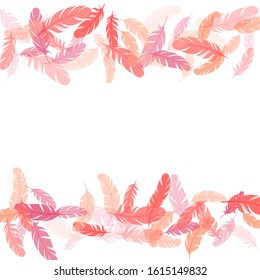 Abstract pink flamingo feathers vector background. Decoration confetti of carnival plumelet. Flying feather elements airy vector design. Wildlife nature isolated plumage.