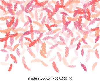 Abstract pink flamingo feathers vector background. Easy plumelet ethnic indian graphics. Angel wing plumage concept. Detailed majestic feather on white design.