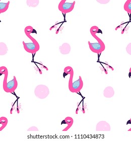 Abstract Pink flamingo pattern. Feathered background. exotic bird and shabby dots repeated backdrop for girl, fashion clothes, textile,wrapping paper. Girlish colorful wallpaper. cartoon style