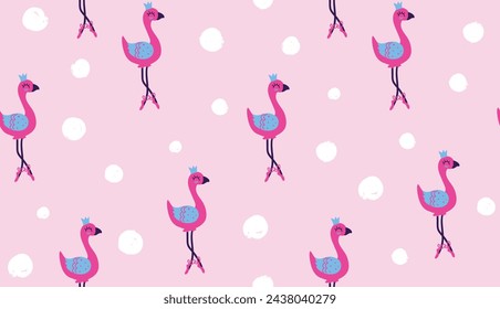 Abstract Pink flamingo pattern. Feathered background. exotic bird and shabby dots repeated backdrop for girl, fashion clothes, textile,wrapping paper. Girlish colorful wallpaper. cartoon style