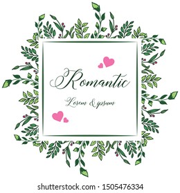 Abstract pink floral frame and green leaves, place for text, romantic. Vector