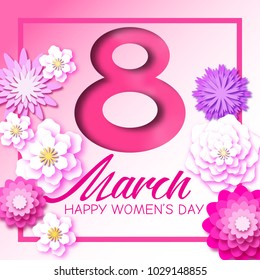 Abstract Pink  Floral Greeting card - International  Women's Day - 8 March holiday. Background with paper cut flowers. Trendy Design Template in pink and purple pastel goth colors.