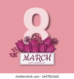 Abstract Pink Floral Greeting card - International Happy Women's Day - 8 March holiday background with paper cut Frame Flowers. Trendy Design Template. Vector illustration.