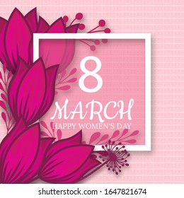 Abstract Pink Floral Greeting card - International Happy Women's Day - 8 March holiday background with paper cut Frame Flowers. Trendy Design Template. Vector illustration.