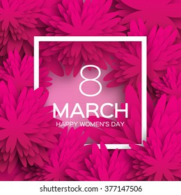 Abstract Pink Floral Greeting card - International Happy Women's Day - 8 March holiday background with paper cut Frame Flowers. Trendy Design Template. Vector illustration.