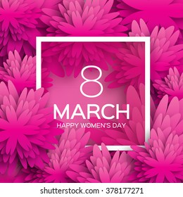 Abstract Pink Floral Greeting card - International Happy Women's Day - 8 March holiday background with paper cut Frame Flowers. Trendy Design Template. Vector illustration.