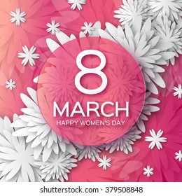 Abstract Pink Floral Greeting card - International Happy Women's Day - 8 March holiday background with paper cut Frame Flowers. Happy Mother's Day. Trendy Design Template. Vector illustration.