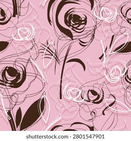 Abstract pink floral seamless pattern with expressive hand-drawn roses, flowing sketch lines, and modern artistic botanical elements.
