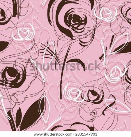 Abstract pink floral seamless pattern with expressive hand-drawn roses, flowing sketch lines, and modern artistic botanical elements.

