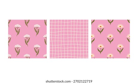 Conjunto de patrones sin costuras florales rosados Abstractas. Dibujado a mano Daisy Flower Grid y Yarrow Fondos infinitos colección. Lindo diseño simple minimalista. Ilustración vectorial plana