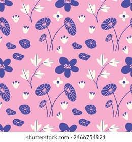 Abstract pink floral seamless vector pattern design with cute blue summer flowers, white plants, purple wildflowers, illustrations in funky cartoon groovy style for wrapping paper, textile, wallpaper