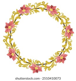 Abstract pink floral wreath with golden yellow vines