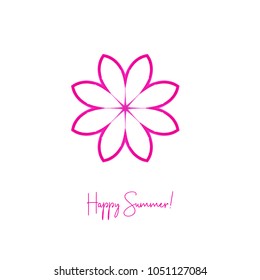 Abstract pink flower, textured circular emblem, symbol, icon isolated on white background.