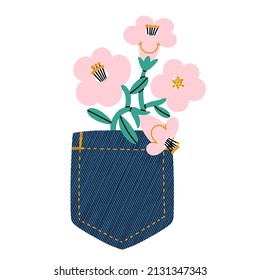 Flores rosas abstractas dentro del bolsillo del denim, ilustración del vector de dibujos animados, aisladas en fondo blanco