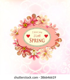 Abstract pink flowers with label vector spring background