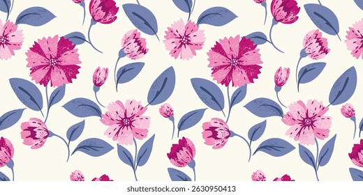 Abstract pink flowers and leaves seamless pattern. Vector hand drawn cute large floral print. Unique Ornament for designs, children textiles, notebook cover
