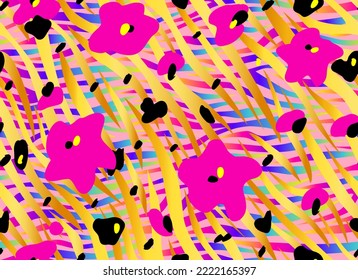 Abstract pink flowers on a background of rainbow and gold stripes. Vector seamless pattern for printing on fabric and paper.