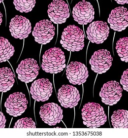 Abstract pink flowers on black background. Seamless vector pattern.