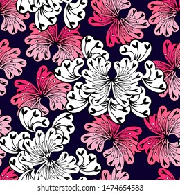 Abstract pink flowers seamless pattern on dark background