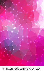 Abstract pink geometric background consisting of colored triangles with lights in corners. Vertical format.