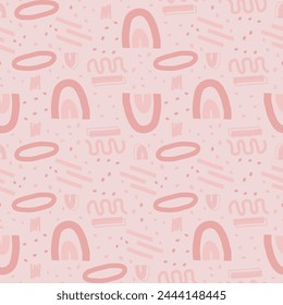 Abstract pink geometric seamless pattern. Scribble childish elements endless background. Doodle style repeat cover. simple loop ornament. Vector flat hand drawn illustration.