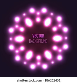 Abstract pink glowing circle mandala or symmetrical cosmic fractal on black space background. Shiny kaleidoscope ornament for futuristic vector banner decoration
