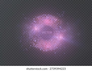 Abstract pink glowing musical equaliser, digital audio wave ring and neon light particles on a dark background.