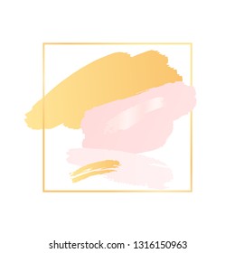 Abstract pink and gold brush background with square geometric frame golden color. Logo background for beauty and fashion