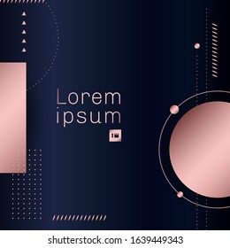 Abstract pink gold geometric circle, square, triangle pattern elements on blue background. You can use for template design cover brochure, poster, flyer, banner web, etc. Vector illustration