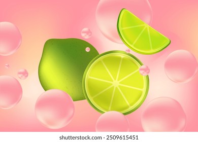 Abstract pink gradient background with lime fruit, pink glowing soda bubbles. Fresh citrus fruit vector decoration for menu, presentation, poster