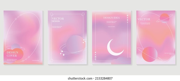 Abstract Pink Gradient Fluid Cover Template. Set Of Galaxy Poster With Planet, Star, Sparkling, Moon, Vibrant Color, Hologram. Minimalist Design For Flyer Brochure, Background, Wallpaper, Banner.