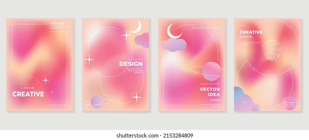 Abstract pink gradient fluid cover template. Set of galaxy poster with planet, star, sparkling, moon, vibrant color, hologram. Minimalist design for flyer brochure, background, wallpaper, banner.