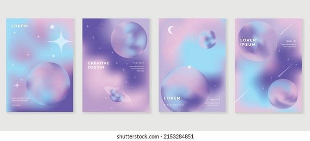 Abstract pink gradient fluid cover template. Set of galaxy poster with planet, star, sparkling, moon, vibrant color, hologram. Minimalist design for flyer brochure, background, wallpaper, banner.