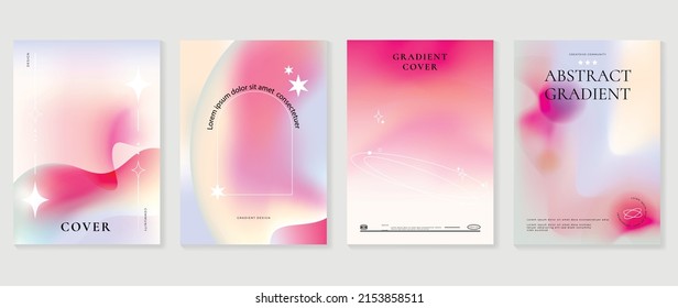 Abstract pink gradient liquid cover template. Set of modern poster with vibrant graphic color, hologram, stars, circle shapes, frame. Futuristic design for brochure, flyer, wallpaper, banner.