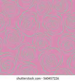 Abstract pink and green roses sketch. Wild rose design. Vintage monochrome dog rose pattern. Flower card with dog rose dashed silhouette. Hand drawn flower seamless pattern. Flower background.