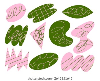 Abstract Pink and Green Shape Collection. A colorful set of 10 abstract shapes in pink and green filled with dynamic line overlays including swirls scribbles grids. Perfect for modern branding layouts