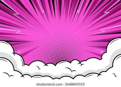 abstract pink halftone comic background with cloud effect, radial lines and flash effects