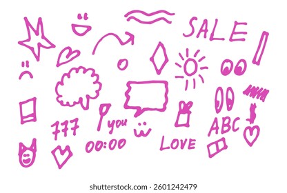 Abstract pink hand drawn shapes and words kids drawings
Vector shapes set