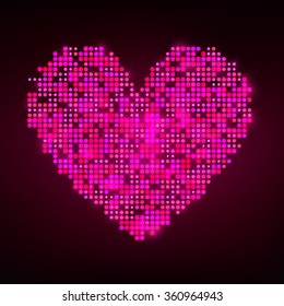 Abstract pink heart from bright shining dots and stars on a dark background. Greeting card for Valentine's Day