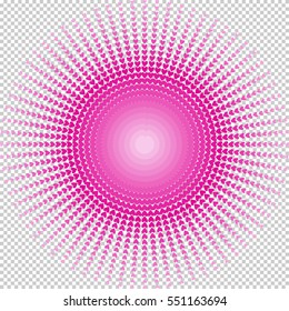 Abstract pink heart of hearts rays vector. Small blending pink and red hearts in sunburst design in transparent background.