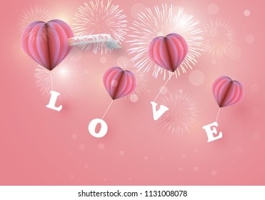 abstract pink heart hot air balloons carrying LOVE letter in pink sky with white clouds and white firework in background. Paper art.Happy valentines day vector greetings card design