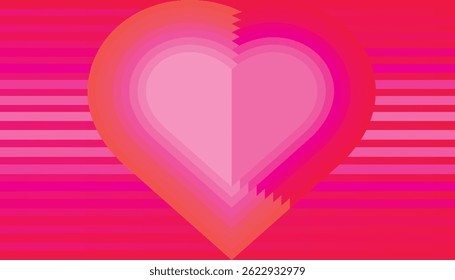 Abstract pink heart on vibrant striped background for Valentine's Day greeting cards, modern romantic posters or love-themed digital art in gradient style